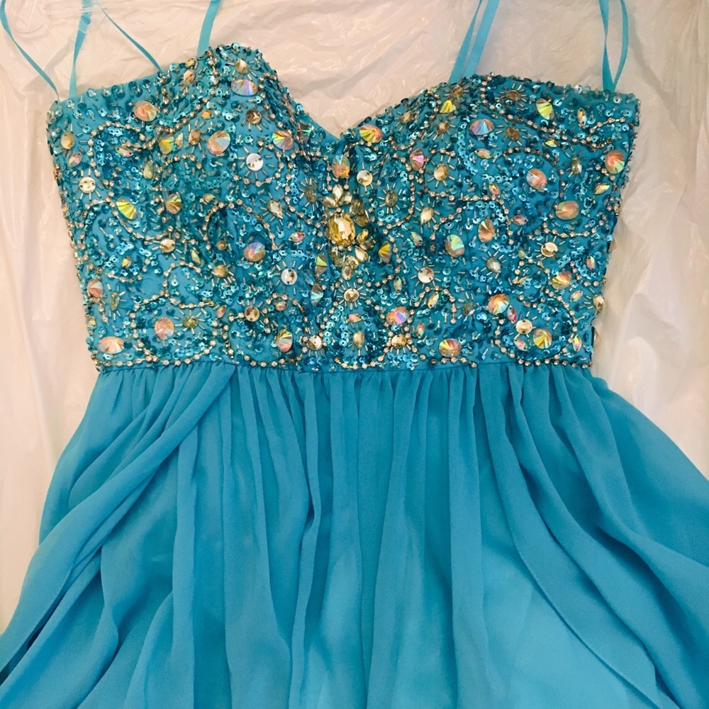 Strapless blue prom dress